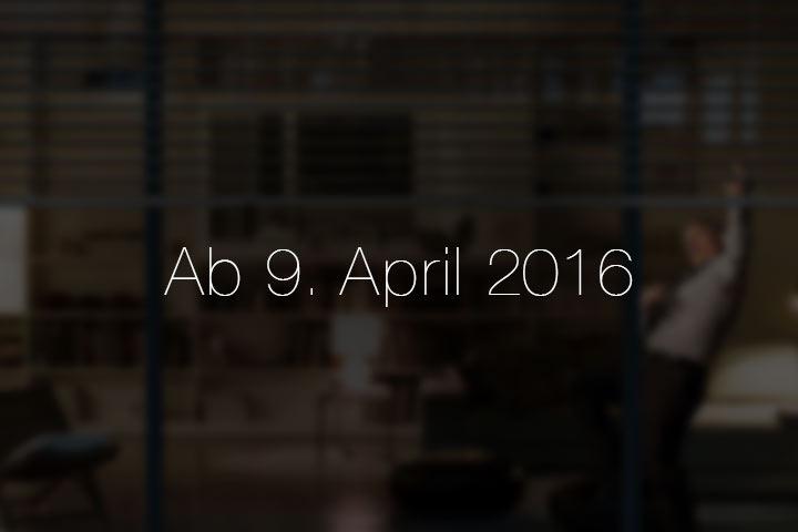 Bildausschnitt TV-Spot schwarz überblendet und Text: Ab 9. April 2016